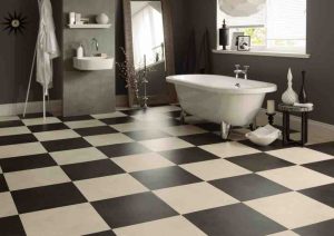 A picture of black and white vinyl flooring in a bathroom